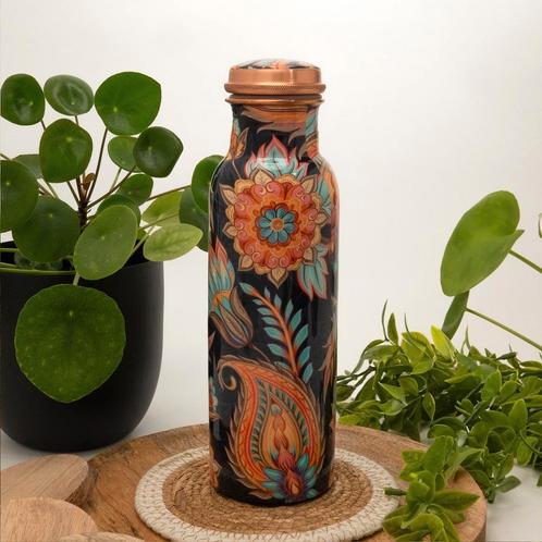 Puur koperen waterfles met bloemenprint ± 750 ml/290 gr., Huis en Inrichting, Keuken | Keukenbenodigdheden, Ophalen of Verzenden