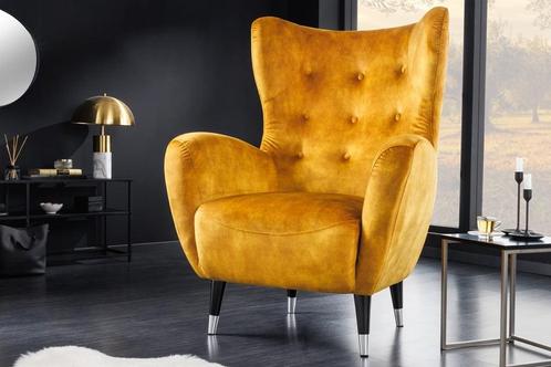 Retro design fauteuil DON mosterdgeel fluweel veerkern, Huis en Inrichting, Fauteuils, Ophalen of Verzenden