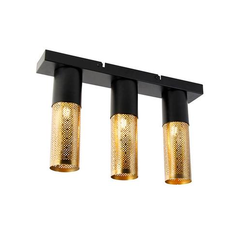 Industriële plafondlamp zwart met goud langwerpig 3-lichts -, Huis en Inrichting, Lampen | Plafondlampen, Nieuw, Overige materialen