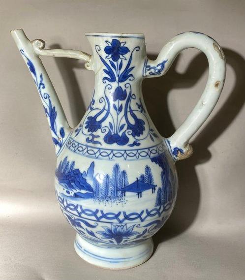 Blauwe en witte theepot met bloem- en landschapst imagery -, Antiek en Kunst, Antiek | Overige Antiek