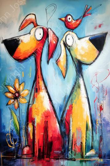 John Joseb Art schilderij, honden, bloemen, vogel, abstract beschikbaar voor biedingen