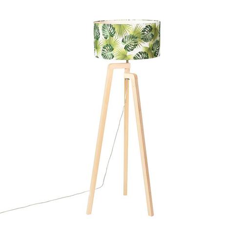 Vloerlamp tripod hout met kap leaf - Puros, Huis en Inrichting, Lampen | Vloerlampen, Nieuw, Overige materialen, 100 tot 150 cm