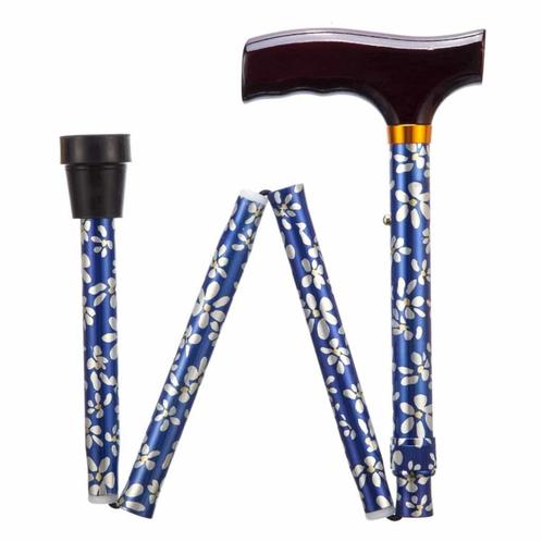 Opvouwbare wandelstok | Gebloemd | Blauw | Lengte 74 - 84 cm, Diversen, Wandelstokken, Ophalen of Verzenden