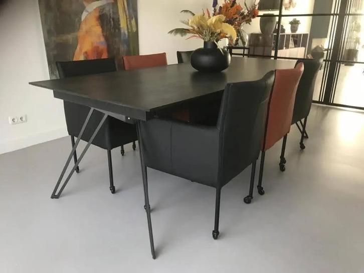 Set van 6 leren kuip eetkamerstoelen - met wieltjes -, Huis en Inrichting, Stoelen, Nieuw, Leer, Ophalen of Verzenden