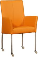 Oranje leren moderne eetkamerstoel - poot rond rvs met wiel, Nieuw, Modern, Leer, Ophalen of Verzenden