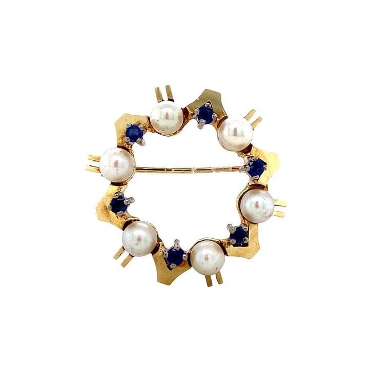 Gouden broche met saffier en parel 14 krt, Sieraden, Tassen en Uiterlijk, Broches, Nieuw, Ophalen of Verzenden