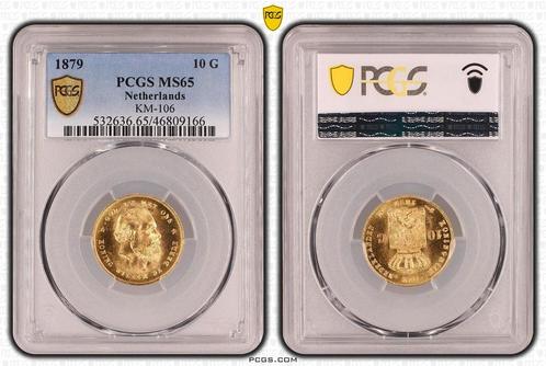 Gouden Willem III 10 gulden 1879 MS65 PCGS gecertificeerd, Postzegels en Munten, Munten | Nederland, Losse munt, 10 gulden, Koning Willem III