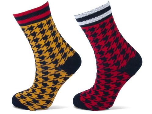 2 Paar meisjes sokken - Pied de poule motief - Oker/Rood, Kinderen en Baby's, Kinderkleding | Schoenen en Sokken, Verzenden