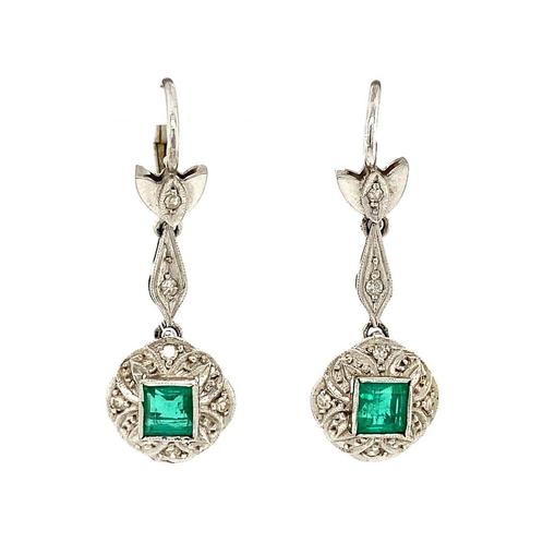 Witgouden oorhangers met diamant en smaragd 14 krt, Sieraden, Tassen en Uiterlijk, Oorbellen, Nieuw, Ophalen of Verzenden