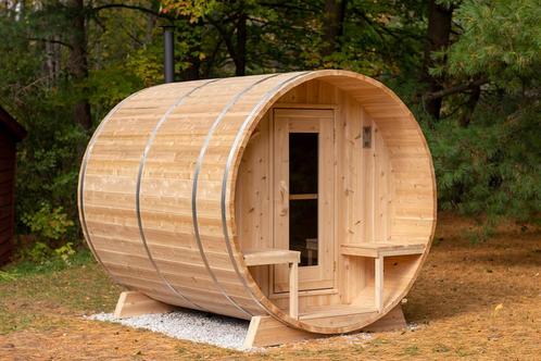 Dundalk White Cedar barrel sauna Ø200 x 300 cm met veranda, Sport en Fitness, Sauna, Nieuw, Verzenden