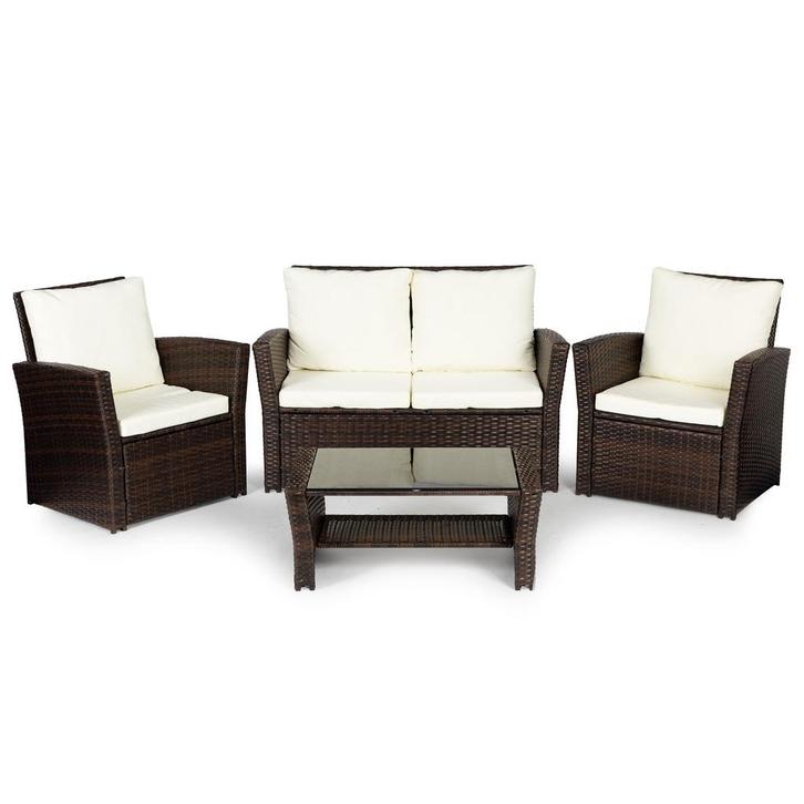 Loungeset Tuin 4p Polyrattan Bruin/Wit | Retourdeal 46%, Tuin en Terras, Tuinsets en Loungesets, Nieuw, Rotan, Loungeset, 4 zitplaatsen
