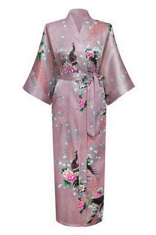 KIMU® Kimono Mauve 7/8 L-XL Yukata Satijn Boven dekel Lange, Kleding | Dames, Carnavalskleding en Feestkleding, Nieuw, Maat 42/44 (L)