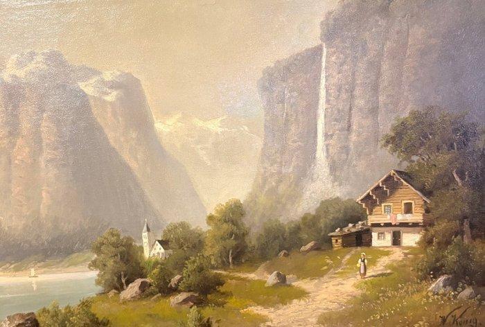 W Koning (XX) - Alpenlandschap Met Rustiek Kader, Antiek en Kunst, Kunst | Schilderijen | Klassiek