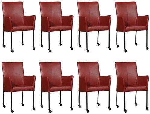Set van 8 Rode leren moderne eetkamerstoelen - Granada leer, Huis en Inrichting, Stoelen, Vijf, Zes of meer stoelen, Overige kleuren