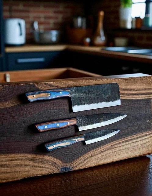Set of 3, Hand-Forged with Old Steel, Japanese Style Knives, Antiek en Kunst, Antiek | Keukenbenodigdheden