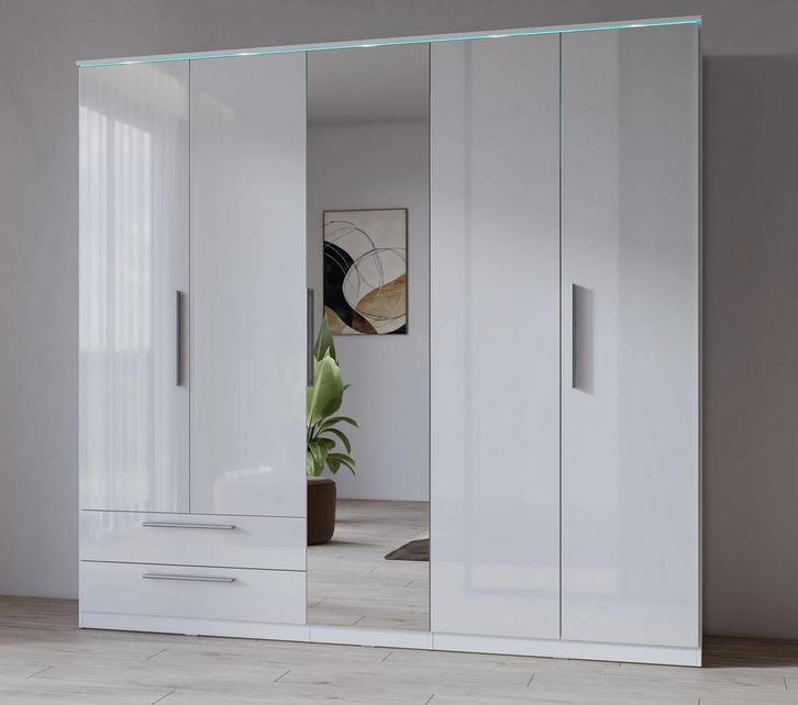 Kledingkast Nîmes – 5-Deurs incl. Spiegel - Wit, Huis en Inrichting, Kasten | Kledingkasten, Nieuw, Met lade(s), Met deur(en)