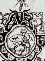 Tegel - Cartouche tegel metselaar mensfiguur engeltjes -, Antiek en Kunst