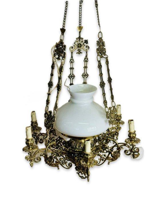 Plafondlamp - Quinqué met kandelaars - Brons, Kristal, Antiek en Kunst, Antiek | Overige Antiek