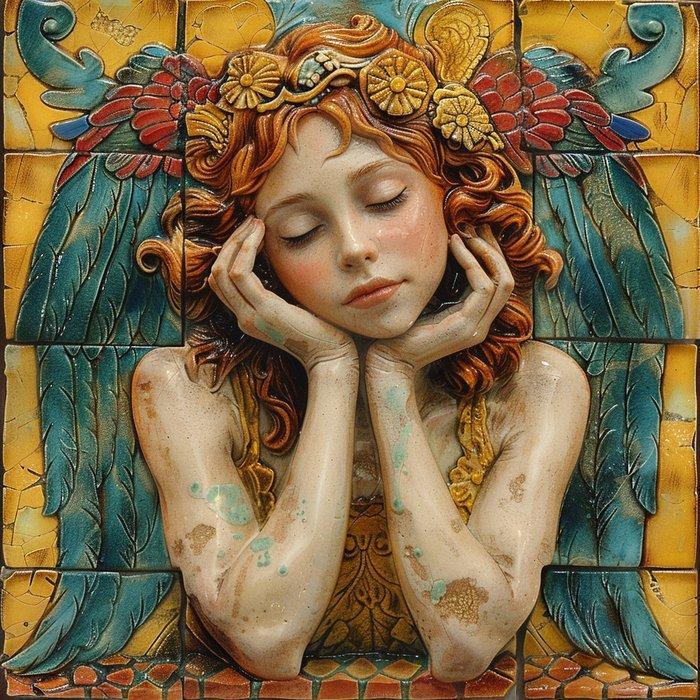 CAMILART.ES_(2002) - SQUARED ANDALUSIAN TILE THINKING ANGEL, Antiek en Kunst, Antiek | Boeken en Bijbels