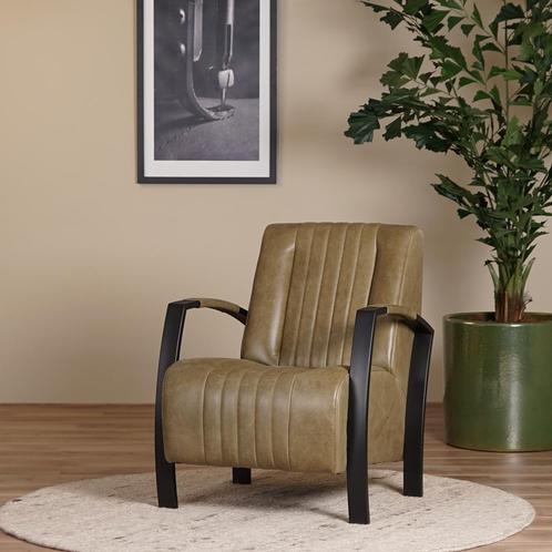 Direct meenemen | Olijfgroene leren stalen fauteuil | olijfg, Huis en Inrichting, Fauteuils, 50 tot 75 cm, 75 tot 100 cm, Nieuw