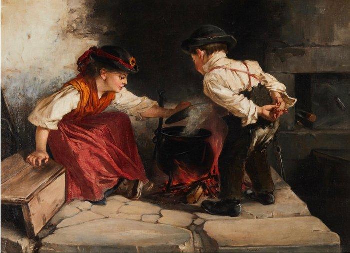 James Maxfield (1848-1910) - Children in kitchen setting, Antiek en Kunst, Kunst | Schilderijen | Klassiek