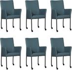 Set van 6 Blauwe leren moderne eetkamerstoelen - Toledo Leer, Overige kleuren, Nieuw, Leer, Ophalen of Verzenden