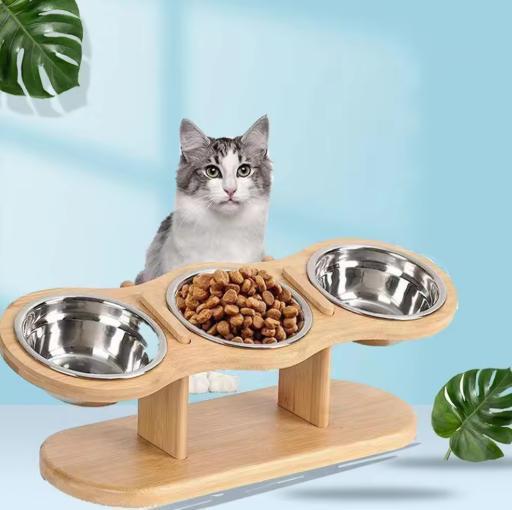 Kantelbare Kattenvoerbak 3 RVS Kommen – Verhoogd met Hout, Dieren en Toebehoren, Kattenvoerbakken en Drinkbakken, Nieuw, Verzenden
