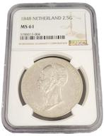Koning Willem II 2 1/2 gulden 1848 MS61 NGC gecertificeerd, Postzegels en Munten, Zilver, Losse munt, Verzenden