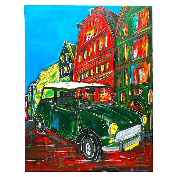 Donkergroene Mini in Amsterdam - half-abstract - 100 x 80 cm, Antiek en Kunst, Kunst | Overige Kunst, Ophalen of Verzenden