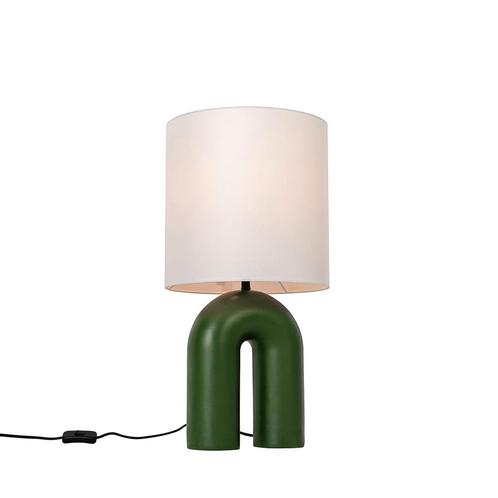 Scandinavische tafellamp groen met linnen kap wit - Lotti, Huis en Inrichting, Lampen | Tafellampen, Nieuw, Kunststof, 50 tot 75 cm