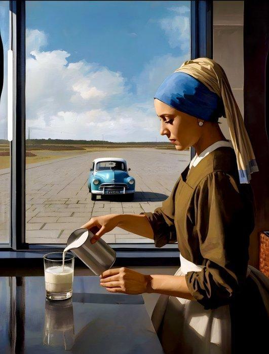 ANAKRONIC - Laitière et voiture bleue, Antiek en Kunst, Kunst | Schilderijen | Modern