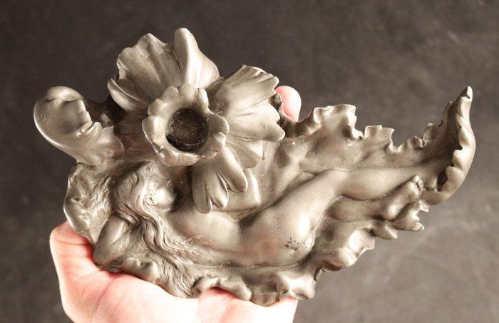 Art Nouveau met naakt - Kandelaar - Tin, Antiek en Kunst, Kunst | Designobjecten