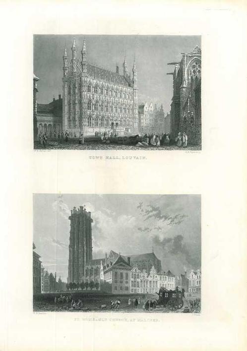 Zicht op Mechelen en Leuven, Antiek en Kunst, Kunst | Etsen en Gravures