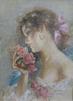 Aleardo Villa (1865-1906) - Ritratto di giovane donna tra le, Antiek en Kunst