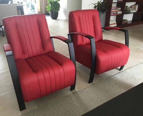 Set van 2 leren fauteuils met stalen frame - rood leer, Huis en Inrichting, Fauteuils, 50 tot 75 cm, 75 tot 100 cm, Nieuw, Leer