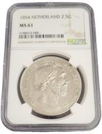 Koning Willem III 2 1/2 Gulden 1854 MS61 NGC gecertificeerd, Zilver, Losse munt, Verzenden
