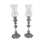 Old Sheffield plate tall candlesticks with hurricane glass