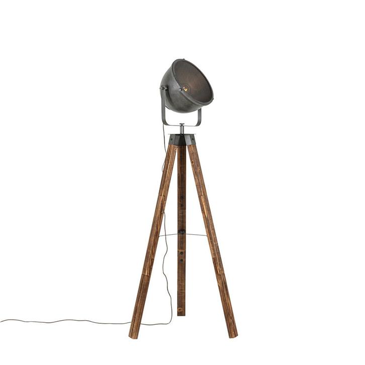 Industriële vloerlamp tripod staal met hout kantelbaar -, Huis en Inrichting, Lampen | Vloerlampen, Nieuw, Overige materialen