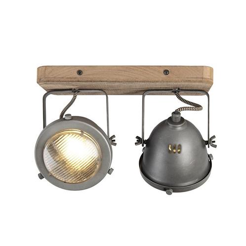 Industriële spot staal met hout kantelbaar 2-lichts - Emado, Huis en Inrichting, Lampen | Spots, Nieuw, Overige materialen