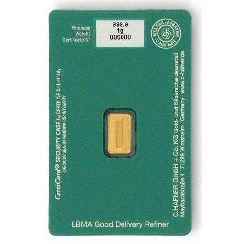 1 gram - Goud .999 - 1 Gram 9999 Gold Bar Hafner Happy, Postzegels en Munten, Edelmetalen en Baren