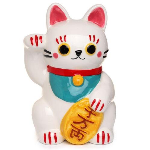 Spaarpot - Maneki Neko Wit&Rood&Geel - Keramiek - 15x9.5x9.5, Verzamelen, Spaarpotten, Nieuw, Ophalen of Verzenden