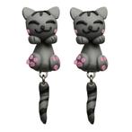 Fako Bijoux® - Oorbellen - Dansende Kat - Grijs/Roze, Verzenden, Nieuw