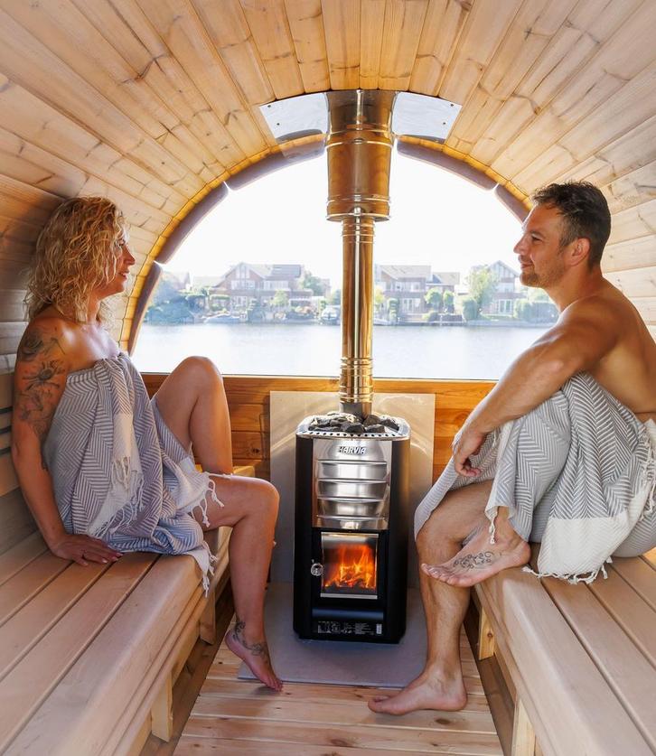 Barrel Sauna | buitensauna met veranda | Ronde sauna, Sport en Fitness, Sauna, Fins of Traditioneel, Complete sauna, Nieuw, Ophalen of Verzenden