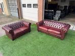Bankstel CHESTERFIELD 2,5+2 zit banken bordeaux/rood leer, Design, Zo goed als nieuw, Rechte bank, Leer