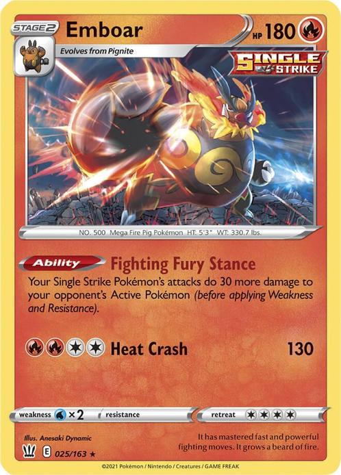 Emboar 025/163 holo Battle Styles, Hobby en Vrije tijd, Verzamelkaartspellen | Pokémon, Losse kaart, Nieuw, Foil, Ophalen of Verzenden