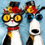 John Joseb Art glasschilderij grappige hond en kat, bloemen, Verzenden, Nieuw, Schilderij, 50 tot 75 cm