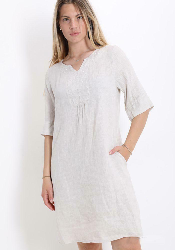 Linnen jurk Beige kleur met pailletten, 3/4 mauwen Maat L, Kleding | Dames, Jurken, Knielengte, Beige, Nieuw, Maat 42/44 (L), Ophalen of Verzenden