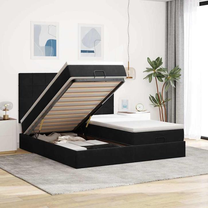 vidaXL Ottoman bed met matrassen 200x200cm fluweel zwart, Huis en Inrichting, Slaapkamer | Bedden, Overige maten, 200 cm, Zwart