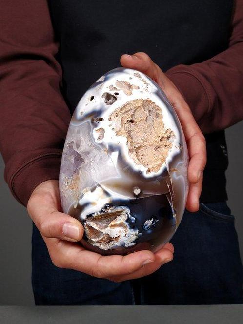 Blauwe agaat geode met verbazingwekkende interne amethist Ei, Verzamelen, Mineralen en Fossielen
