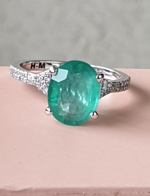 Ring - 14 karaat Witgoud Smaragd - Diamant - Ring in wit, Sieraden, Tassen en Uiterlijk, Ringen